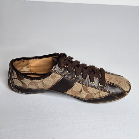 Coach Suee Khaki Chestnut Canvas Brown Leather Trim Sneaker Shoe Sz 8B A1258 - Picture 1 of 9